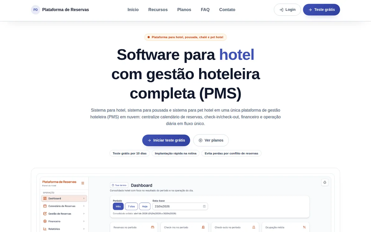 Preview do site Plataforma de Reservas